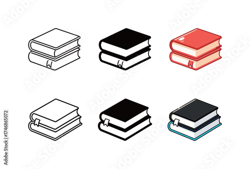 Stack of Books Icon Set: Reading, Education, and Knowledge Symbols in Outline, Glyph, and Cartoon Styles.