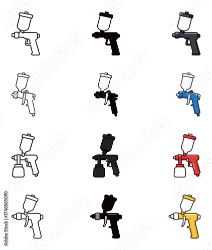Paint Spray Gun Icon Set - Outline, Solid, and Colorful Vector Symbol of Airbrush, Painting, and Industrial Work