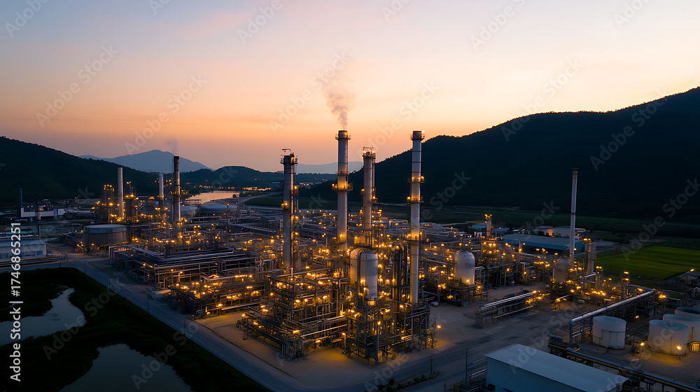 Obraz premium Illuminated industrial complex set against a dawn sky and mountainous backdrop, showcasing manufacturing and energy infrastructure.