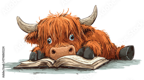 Adorable Highland Cow Calf Reading Book - Farm Animal Illustration