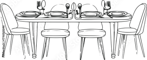 Smooth minimalist line art of a dining table with plates and cutlery 1