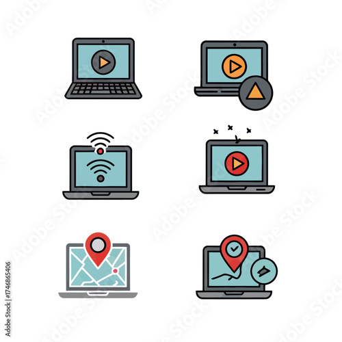 Set of colorful line icons depicting various forms of electricity, including renewable hydroelectric power, battery storage, and charging plugs
