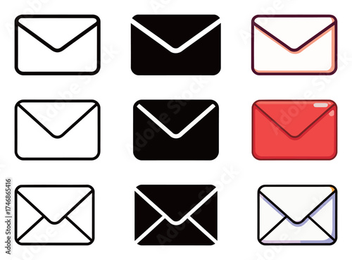 Envelope Mail Icon Set - Outline, Solid, and Colorful Vector Symbol of Email, Communication, and Postal Service