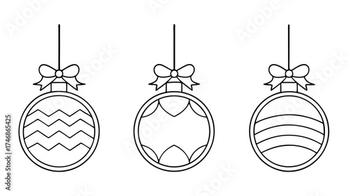 A christmas ornament collection with three hanging baubles bows strings and geometric patterns