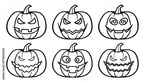 A halloween collection of six carved pumpkin jack o lantern outlines with scary faces