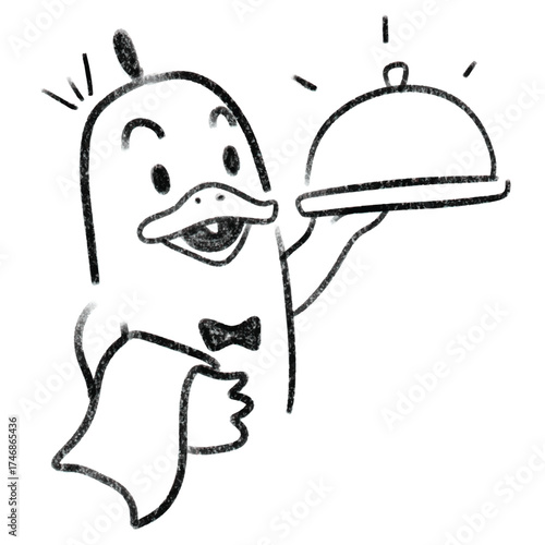 Cartoon penguin waiter serving food hand-drawn sketch illustration isolated on white background