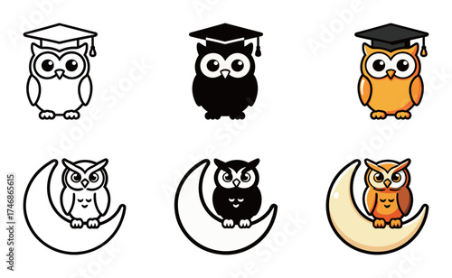 Graduated Owl on Moon Icon Set - Outline, Solid, and Colorful Vector Symbol of Education, Graduation, and Night