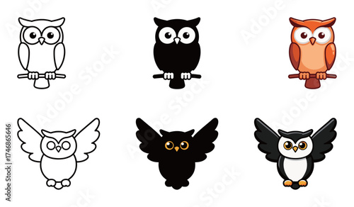 Perching and Flying Owl Icon Set - Outline, Solid, and Colorful Vector Symbol of Bird, Wildlife, and Nature
