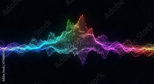 Colorful audio spectrum visualizer with vibrant neon lights dancing on a black background, creating a mesmerizing display of sound and light harmony