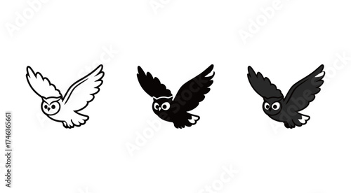 Flying Owl Icon Set - Outline, Solid, and Colorful Vector Symbol of Bird, Freedom, and Night Wildlife
