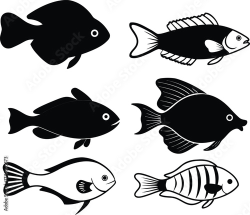 Collection of Six Stylized Fish Silhouettes - Black and White Vector Illustration Isolated on White Background