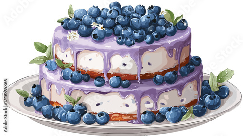Delicious Two Tier Blueberry Cake Illustration | Glazed Berries and Cream Dessert Vector Art