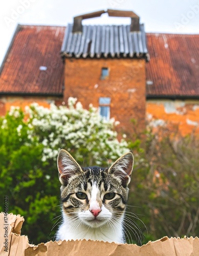 A curious feline peers over a paper bag, a vibrant backdrop of a brick building and flowering tree providing context