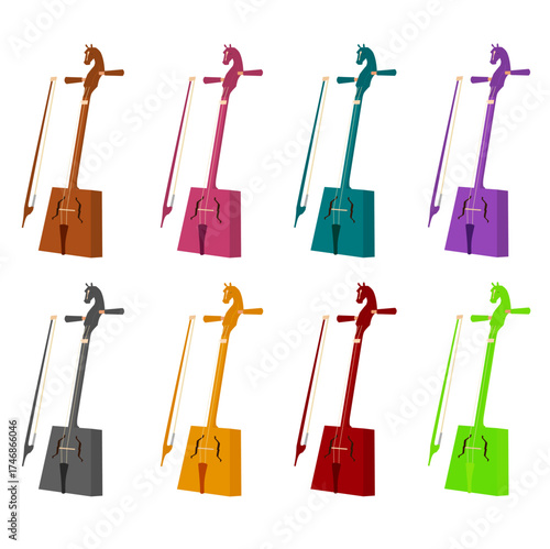  Set of Colorful Morin Khuur (Horse-head fiddle) Vector Illustrations