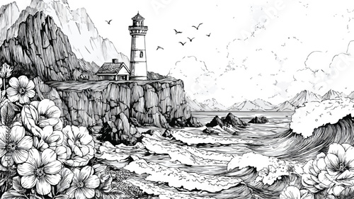 Majestic Coastal Landscape with Waterfall, Lighthouse, and Ocean Waves for Design Projects