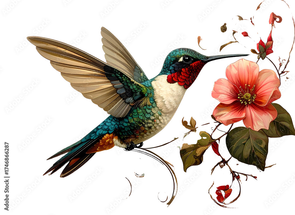 Obraz premium Hummingbird with floral swirl motif 