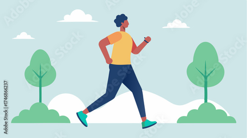 A person jogging in a park wearing a smarch that tracks distance and calories burned with a digital display visible on their wrist.