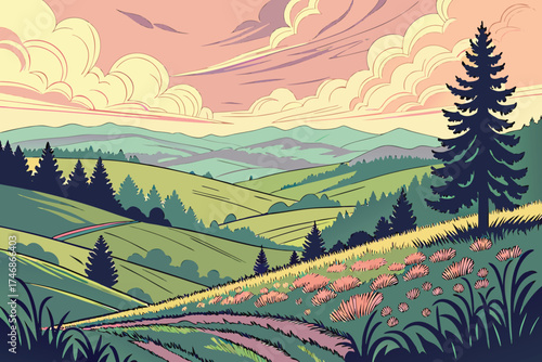  detailed beautiful vibrant scenic landscape illustration, rolling hills, fields, meadows, forests, trees, clouds, sunrise, sunset, vivid colors, digital art, concept art, matte painting