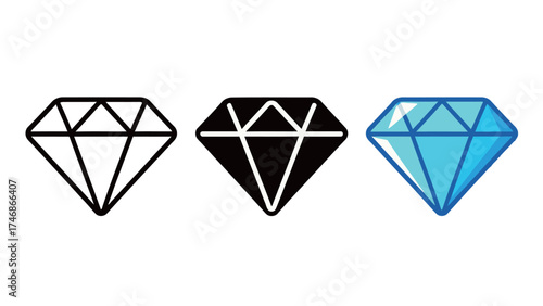 Shiny Diamond Gemstone Icon Set - Outline, Black Fill, and Vibrant Blue Jewel Symbol
