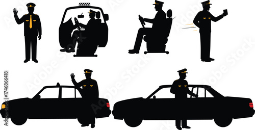 Set of police officer silhouettes with patrol cars in law enforcement activities including waving, writing tickets, patrolling, and public safety scenes