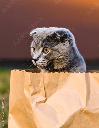A curious grey cat peeks out from a brown paper bag, its yellow eyes gazing off to the side. The background is blurred