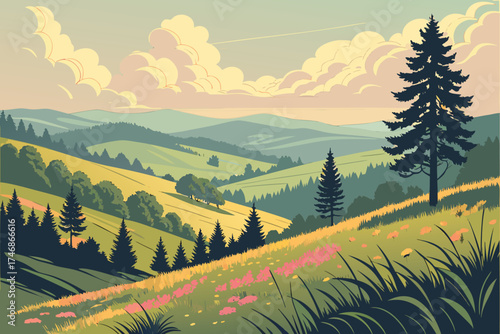  detailed beautiful vibrant scenic landscape illustration, rolling hills, fields, meadows, forests, trees, clouds, sunrise, sunset, vivid colors, digital art, concept art, matte painting