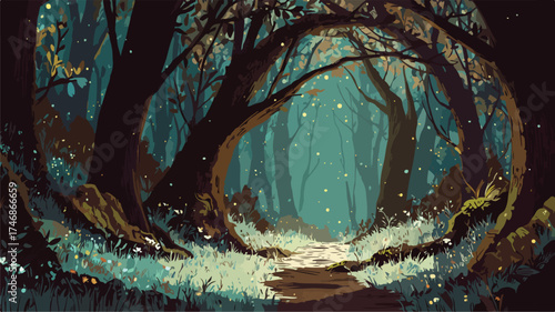 Enchanting Forest Path: Mystical Nature Scene Illustration