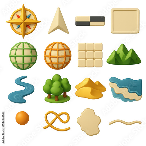 3D Map Icon Set. Map symbols set icons in 3D color style: compass rose, north arrow, scale bar, legend box, latitude lines, longitude lines, grid,