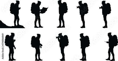 Silhouette collection of backpacker hiking poses with outdoor adventure activities, travel exploration, trekking actions, camping lifestyle vector illustration design”
