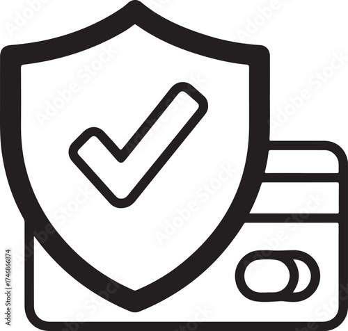 Vector art of secure payment icon depicts a shield with a checkmark and a credit card, symbolizing safe and verified transactions, ensuring customer trust and confidence in online purchases on
