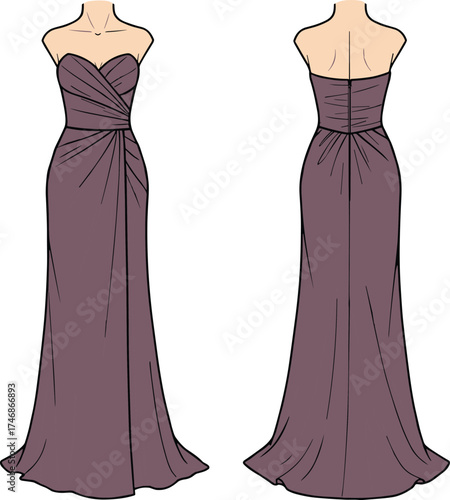 Strapless mauve evening gown, sweetheart neckline, ruched bodice, floor length dress, elegant women fashion, luxury couture design, formal wear style