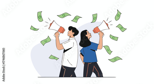 Two people promoting a business opportunity with cash raining down around them.

