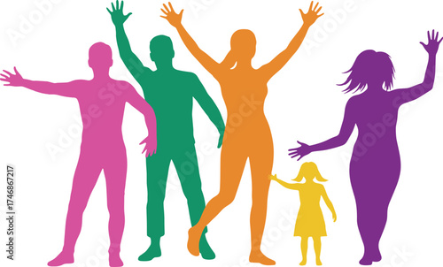 Diversity, inclusion, family, colorful silhouettes, unity, community, teamwork, abstract illustration, equality, parent child, watercolor, harmony, people, culture, 