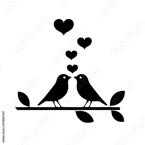 Romantic birds on a branch sharing love hearts, perfect for Valentine's Day cards and wedding invitations