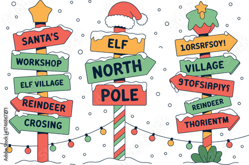 Colorful Christmas signposts with Santa’s workshop, elf village, reindeer crossing, and North Pole directions, festive winter holiday illustration