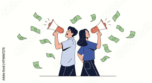 Two people promoting a business opportunity with cash raining down around them.

