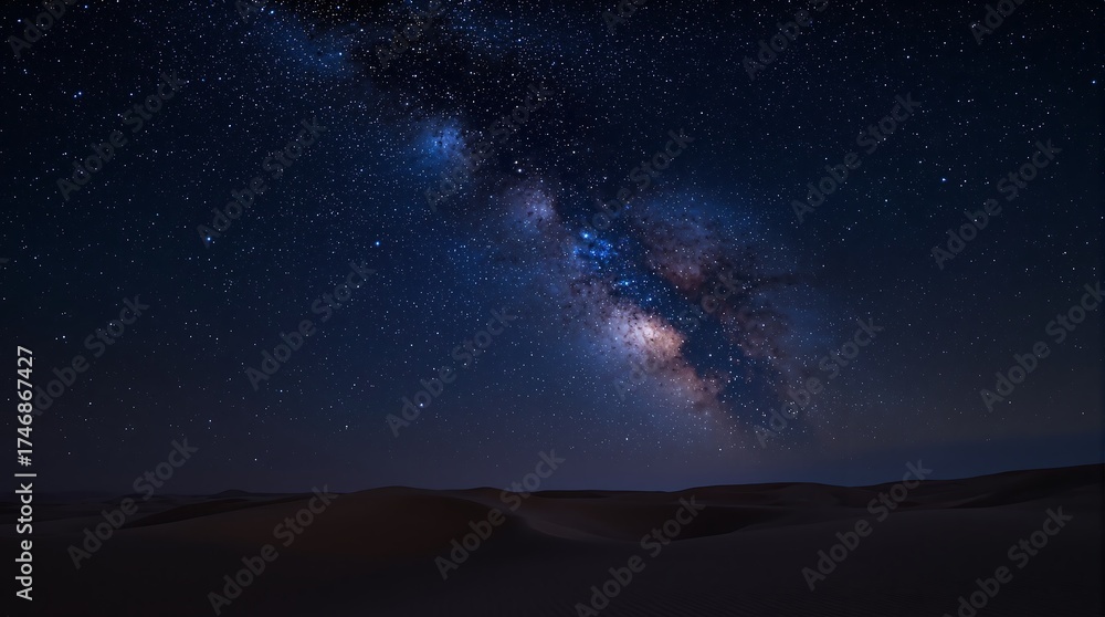 Fototapeta premium Vast Milky Way Galaxy Over Dark Desert Dunes Under Night Sky For Travel Backgrounds