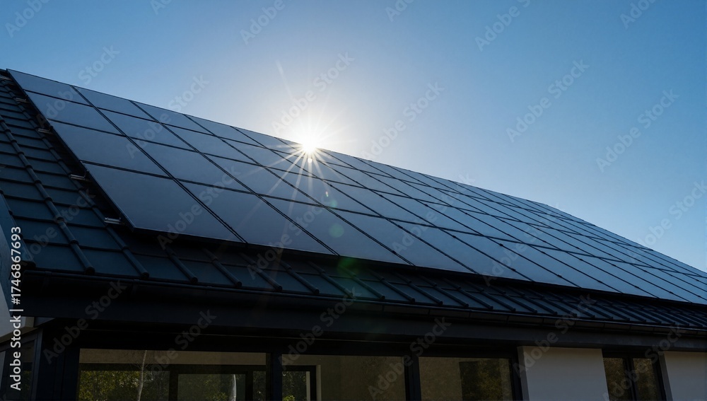 Naklejka premium Solar panels on the roof of a modern house with the sun shining brightly. Photovoltaic system for renewable green energy. Sustainable technology concept with copy space