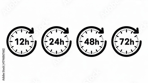 Time's Flow: A depiction of time measurement, showcasing the passage of 12, 24, 48, and 72 hours represented by clock faces.