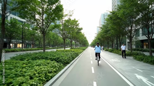 Wallpaper Mural Cycling in the city - A woman rides her bicycle down a dedicated path in an urban city area. The path is lined with trees and manicured green bushes next to the road, and pedestrians can be seen Torontodigital.ca