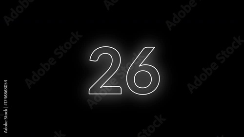 4K neon light 30 seconds countdown timer animation on black background, glowing digital clock from 30 to 0 seconds in loop motion.