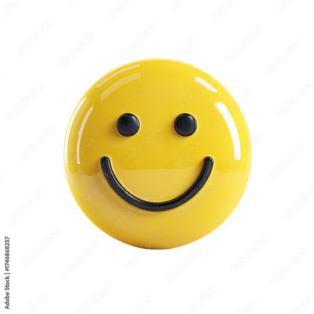 Fototapeta premium Glossy yellow emoticon with a simple, upturned smile and two small, dark eyes
