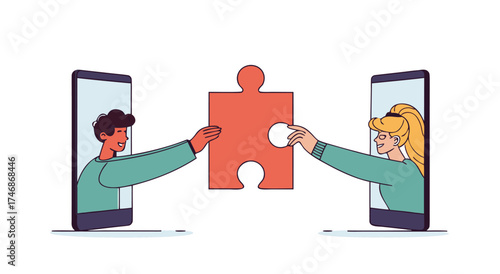 Connecting people through online puzzle pieces on phones.

