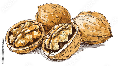 Hand Drawn Walnuts Whole Halved Nuts Food Illustration Vector