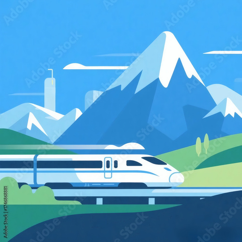 High-Speed Train in Futuristic Mountain Landscape