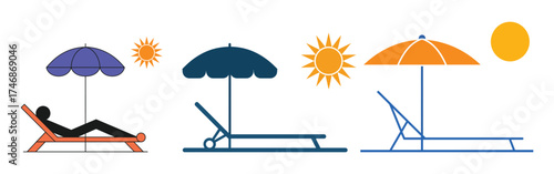 Three beach scenes with lounge chairs umbrellas and suns summer