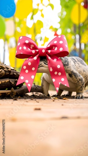 A curious reptile wears a red polka-dot bow. The creature is set against a wooden surface with a backdrop of blurry, colorful foliage