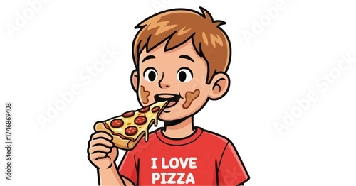 Joyful kid with messy face devours delicious pepperoni pizza slice