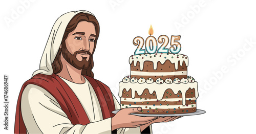 Jesus offers festive birthday cake with 2025 candles, celebrating future joy