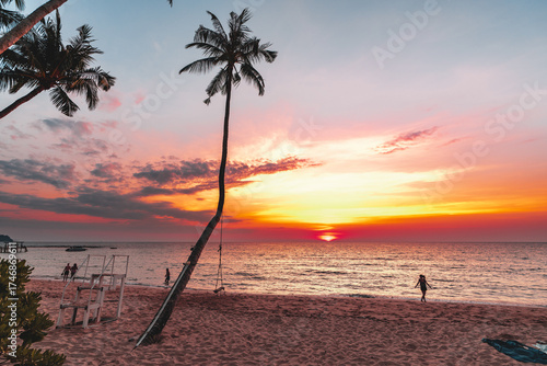 Fototapeta Naklejka Na Ścianę i Meble -  Tropical beach with coconut palm tree and crystal clear ocean. Summer vacation in tropical paradise concept
